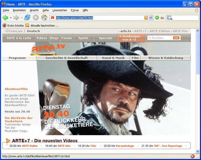 Screenshot der Startseite von Arte