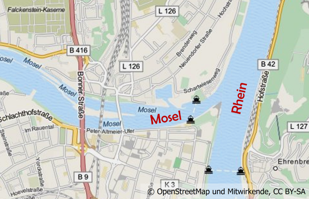 Karte von Koblenz mit der Mündung der Mosel in den Rhein
