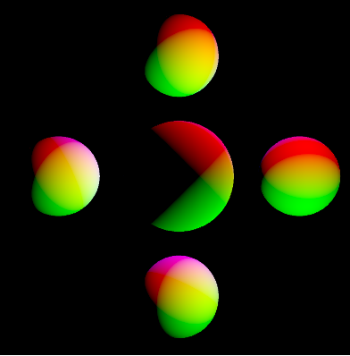 Drei farbige Lichtquellen beleuchten die Kugeln
