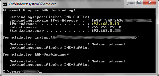 Screenshot des Windows-Tools ipconfig, aufgerufen von der Kommandozeile cmd