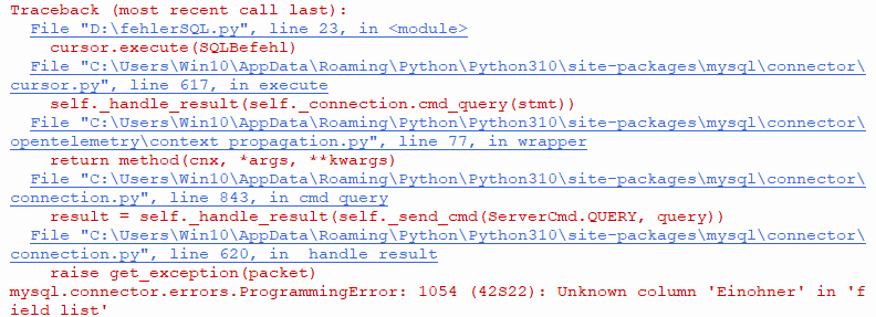 Programm mit Fehler im SQL-Befehl