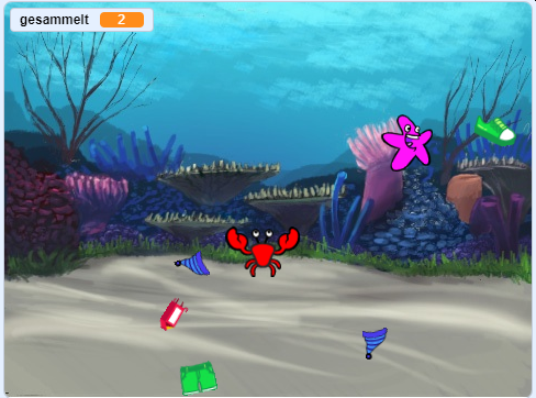 Unter-Wasser-Welt mit Stern, Krabbe und M&uuml;ll