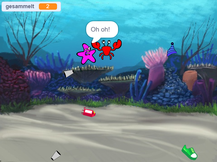 Unter-Wasser-Welt mit Stern, Krabbe und M&uuml;ll