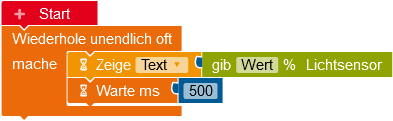 Programm aus Start, Wiederhole Unendlich Oft, zeige Wert Helligkeit, Warte 500ms