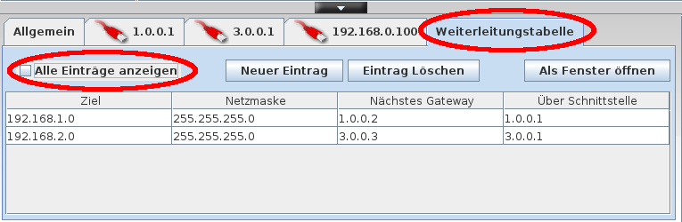 Routingtabelle Router 1 in Filius