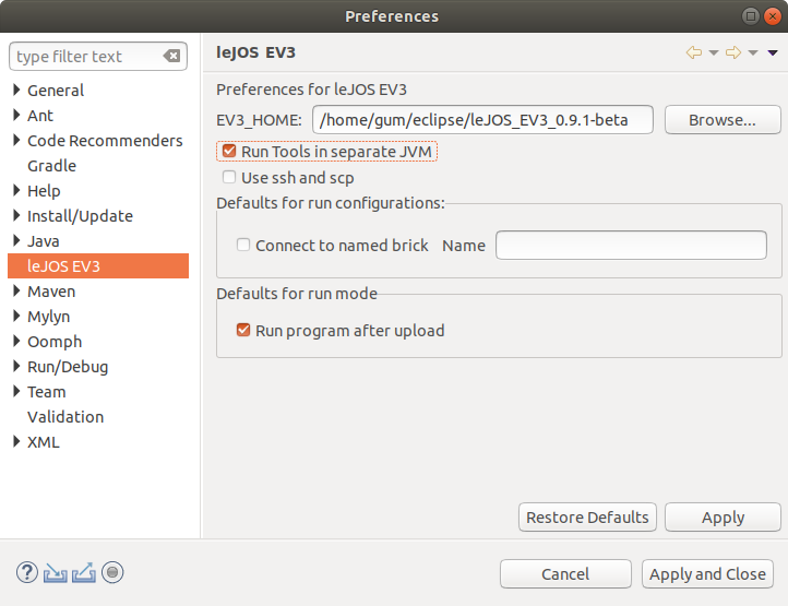 Konfiguration des leJOS-EV3-Plugin für Eclipse