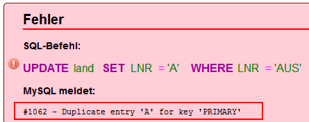 Fehlermeldung Primärschlüssel