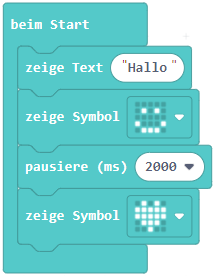 Programm aus Start, Zeige Text, Zeige Smiley, Warte 500ms, Zeige Herz