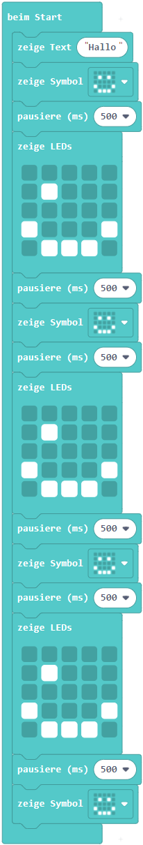 Programm aus Start, Zeige Text, Zeige Smiley, Warte 500ms, Zeige Zwinker (3 mal)