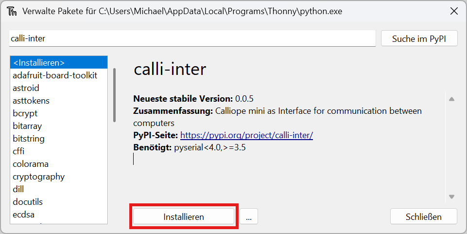 Installation von calli-inter mit Thonny