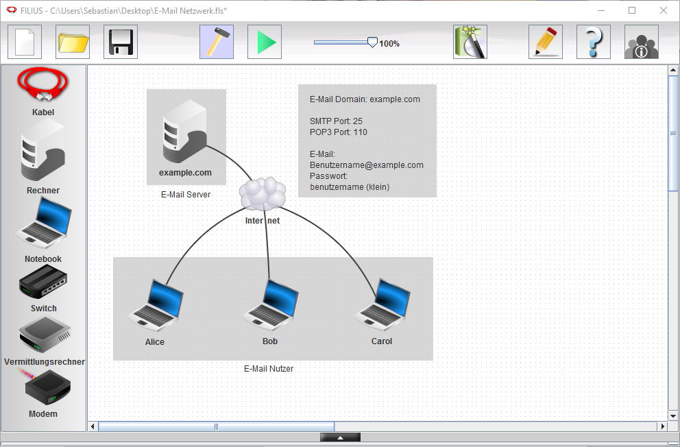 E-Mail Netzwerk Unser E-Mail Netzwerk geöffnet in Filius