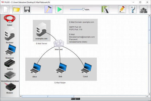 E-Mail Netzwerk Unser E-Mail Netzwerk geöffnet in Filius