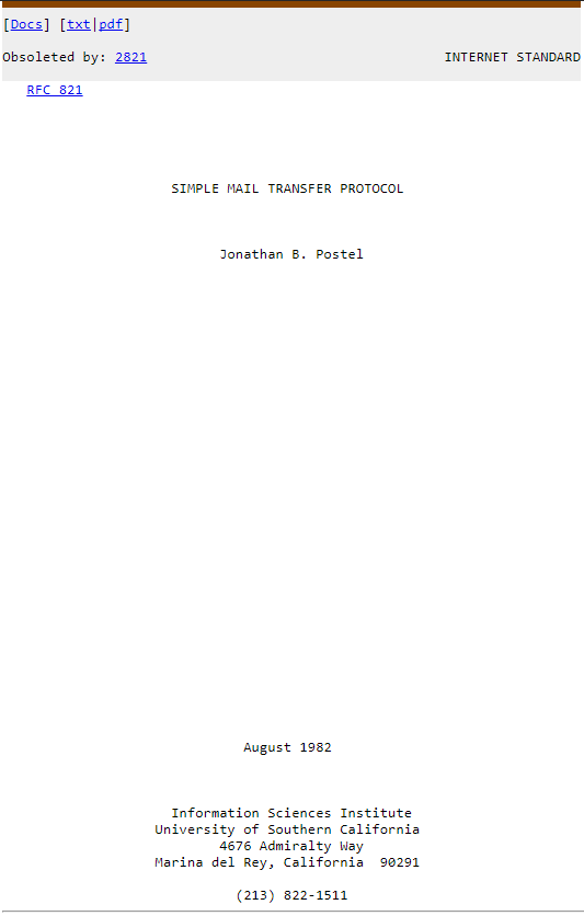 Das Deckblatt von RFC 821 RFC821 Deckblatt