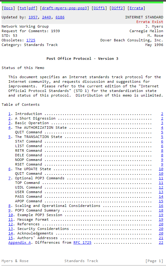 Das Deckblatt von RFC 1939 RFC 1939 Deckblatt