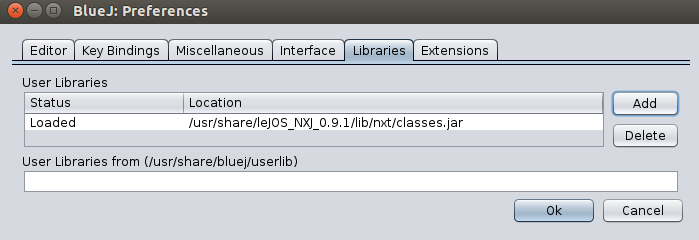 Screenshot: BlueJ leJOS-NXT-Plugin: Libraries-Tab Screenshot: BlueJ leJOS-NXT-Plugin: Libraries-Tab