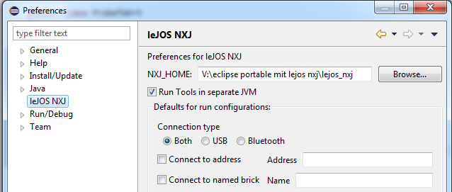 Screenshot: Eclipse leJOS-NXJ-Plugin: Preferences-Tab Screenshot: Eclipse leJOS-NXJ-Plugin: Preferences-Tab