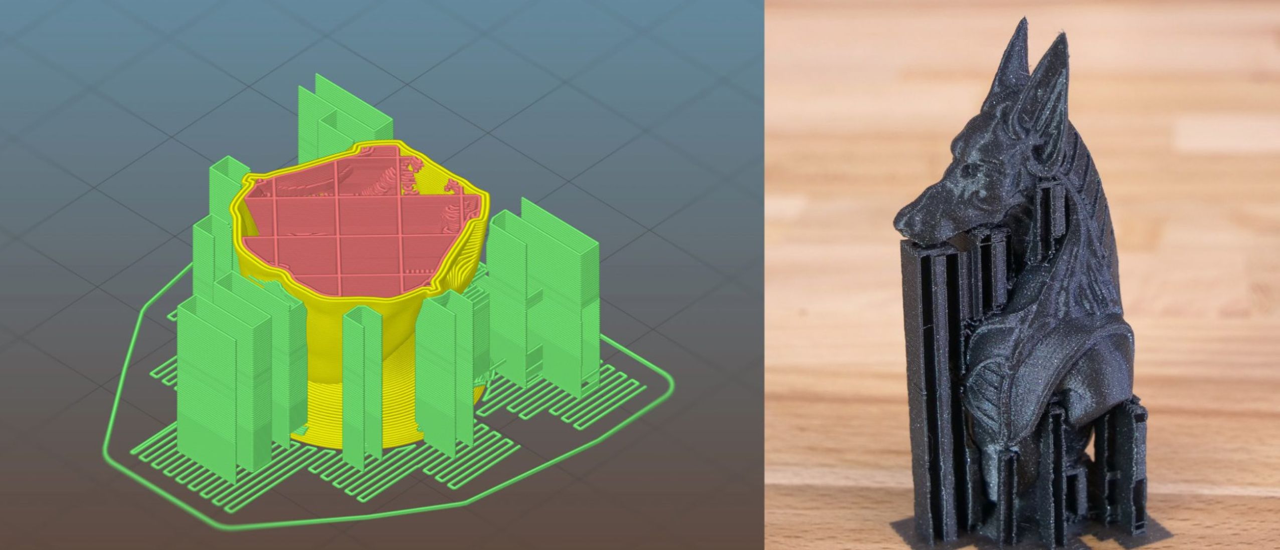 Stützen Stützdarstellung im Slicer und gedrucktes Objekt mit Stützen.