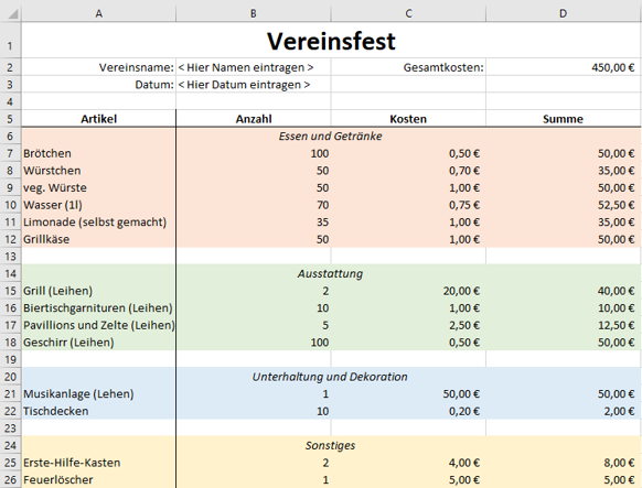 Ausgaben für ein Vereinsfest