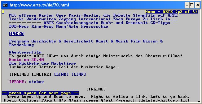 Screenshot der Startseite von Arte mit lynx
