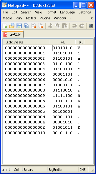 Binärdarstellung zum Text im Ansi-Format