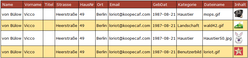 Denormalisierte Tabelle mit Benutzer und Bilddaten vereint in einer Tabelle