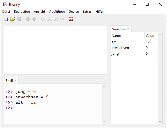 Thonny mit Anweisungen im Ausf&uuml;hrfenster