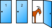 Ziegenproblem 3 Türen; eine geöffnet; dahinter eine Ziege