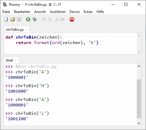 Thonny mit Funktionsdefinition und Funktionsaufruf