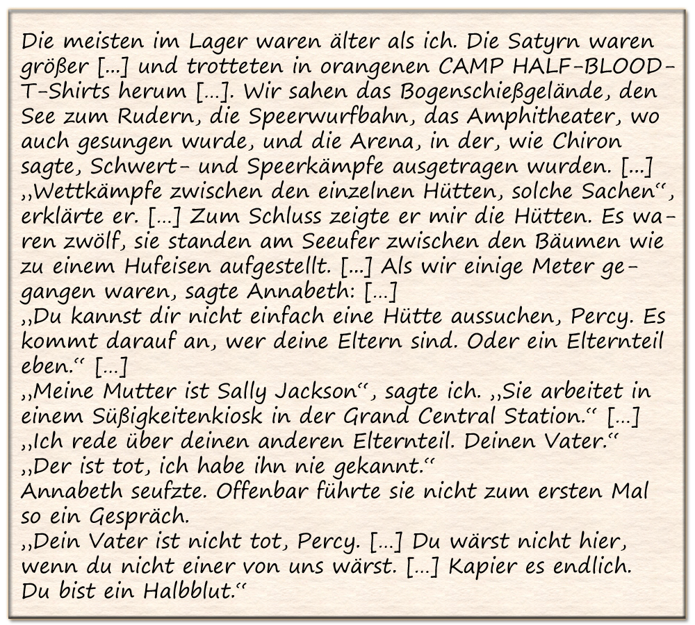 Ausschnitt aus dem Jugendroman Percy Jackson von Rick Riordan (Sonderausgabe, Carlsen Verlag Hamburg 2015, S. 94 ff) Ausschnitt aus dem Jugendroman Percy Jackson