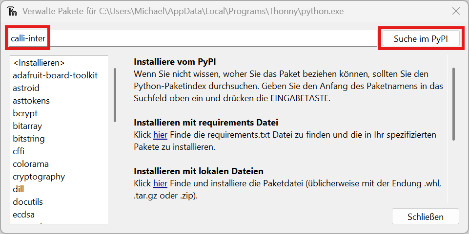 Installation von calli-inter mit Thonny
