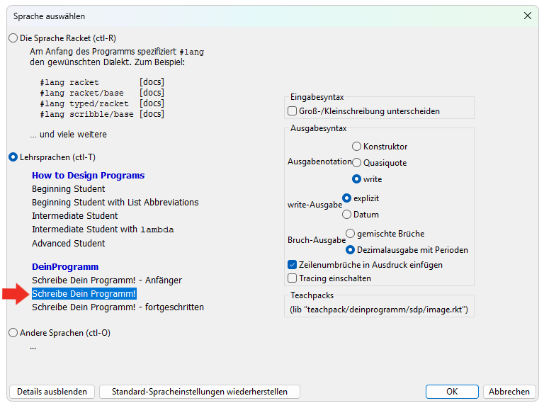 Versionsauswahl von DrRacket