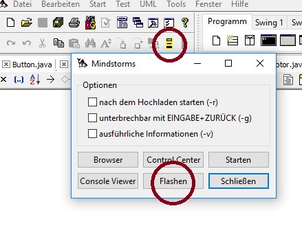 Screenshot: Java-Editor mit Mindstorms-Schaltfläche zum Flashen