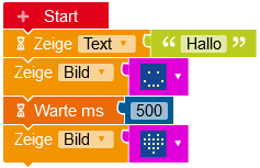 Programm aus Start, Zeige Text, Zeige Smiley, Warte 500ms, Zeige Herz